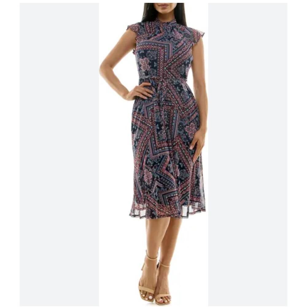 NWT Nina Leonard Mock Neck Flutter Sleeve Midi Dress Size Large
